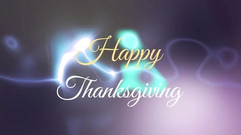 White-blue line arcing in morphing into waves circling Happy Thanksgiving to Stock Footage 318115306
