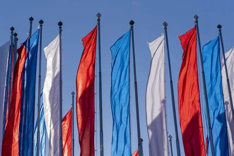 White, blue, red flags as Russian flag in total. Imitation flag of Russia Foto stock