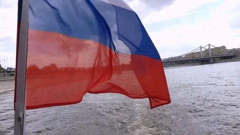 White blue red stripes Russian flag background windy day ship Stock Footage 77246435