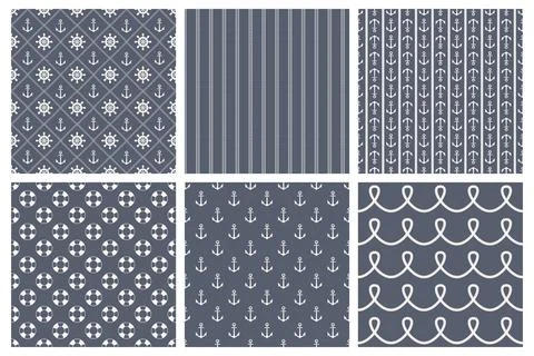 White, Blue Vector Nautical Seamless Pattern Set. Sea, Marine Backgrounds Stock Illustration