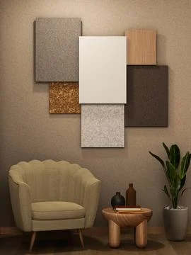 White board and material tiles on wall over fabric scalloped accent chair a.. Stock Illustration
