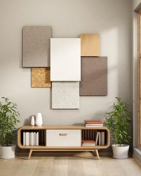 White board and various tiles on wall over bookcase table and bamboo pot wi.. 库存插图