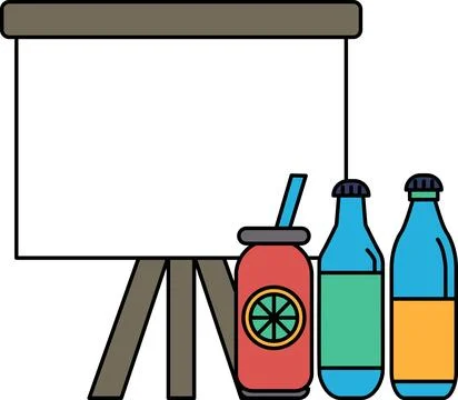 A white board with a bottle of orange juice and a bottle of beer on it Stock Illustration