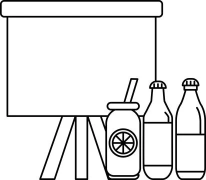 A white board with a bottle of orange juice and a bottle of beer on it Stock Illustration