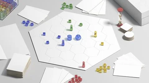 White board game field with chips, dice and cards mockup Illustrazione stock