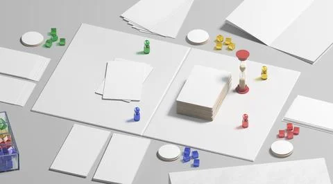 White board game field with chips, dice and cards mockup Illustrazione stock