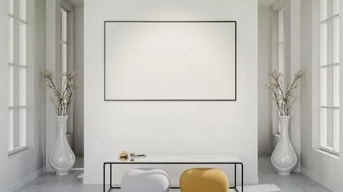 White board or frame hang on wall above coffee and bread on steel table wit.. Stock Illustration