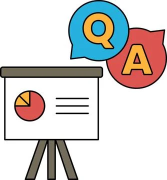 A white board with a pie chart on it and a question mark and an A above it Stock Illustration