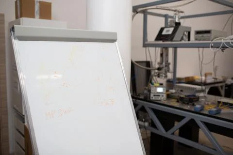 White board in tech lab university with scientific background Stock Photos
