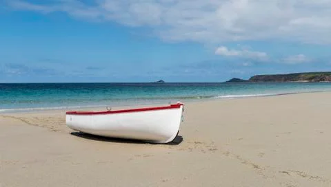 White Boat on Beach Stock Photos
