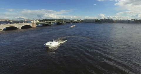 White Boat Floating On The River Neva Video stock 74882401