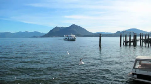 White boat medium on lake Stock Footage 25135349
