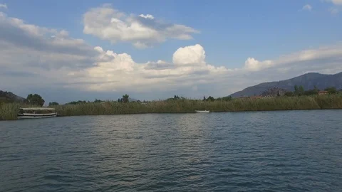 White Boat In River Stock Footage 125875575