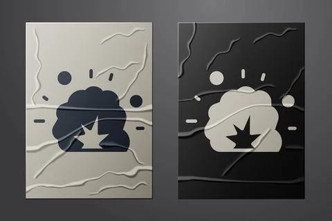 White Bomb explosion with shrapnel and fireball icon isolated on crumpled paper 스톡 일러스트