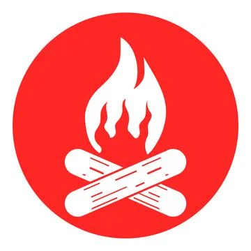 White bonfire campfire icon with logs and flame inside red circle flat Stock Illustration