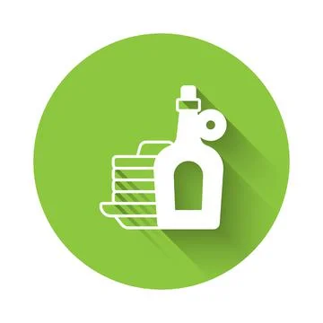 White Bottle of maple syrup with stack of pancakes icon isolated with long Illustrazione stock