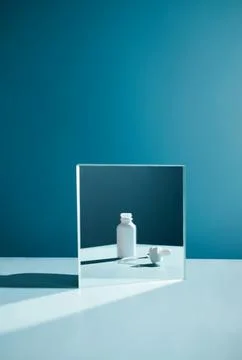 White bottle with serum in the reflection of a mirror Stock Photos