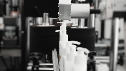 White bottles with a dispenser move along a conveyor. Stock Footage 283447633