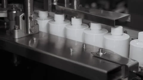 White bottles move along a conveyor to be filled. Stock Footage 306575835