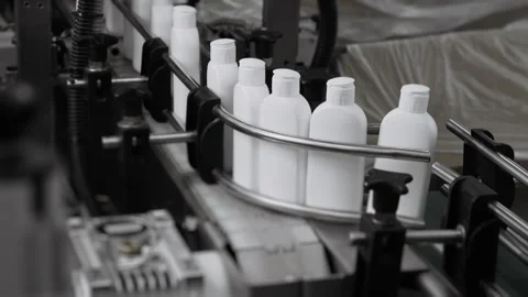 White bottles move along a conveyor to be filled. Stock Footage 306576839