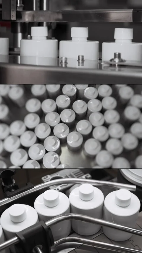 White bottles move along a conveyor to be filled. Stock-Footage 306577321