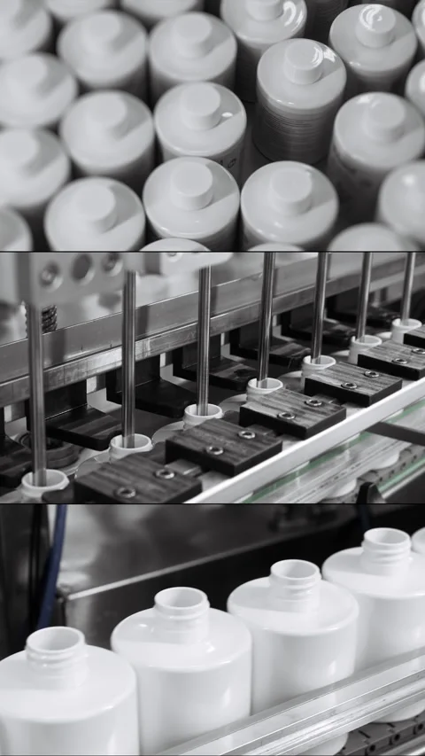White bottles move along a conveyor to be filled. Video stock 306577960