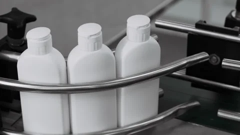 White bottles move along a conveyor to be filled. Stock Footage 306581380