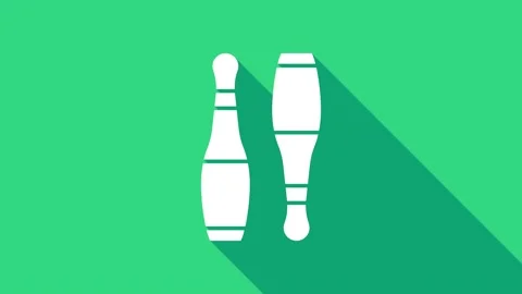 White Bowling pin icon isolated on green background. Juggling clubs, circus Stock Footage 147230574