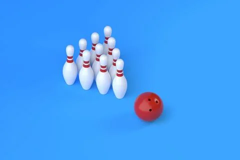 White bowling pins in form of triangle and bowling ball on blue background Stock Illustration