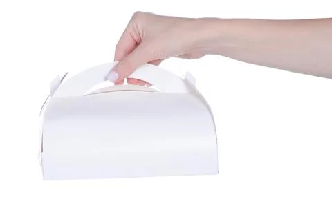 White box container for cake in hand Stock Photos