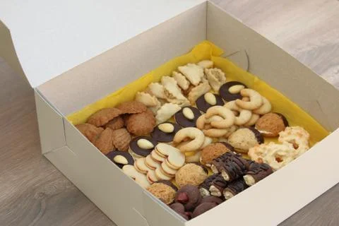 White box full of assorted christmas cookies Stock Photos