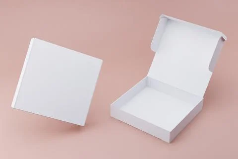 White box mockup, open &amp; closed, pink background, packaging design Stock Illustration