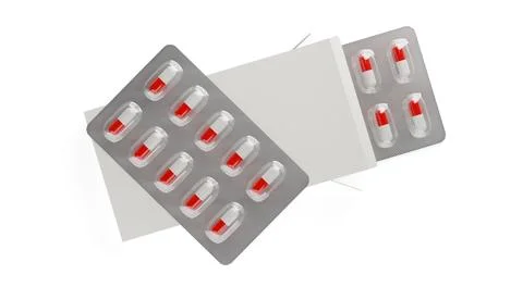 White box with pill blister inside and on top with red and white pill capsu.. Stock Illustration