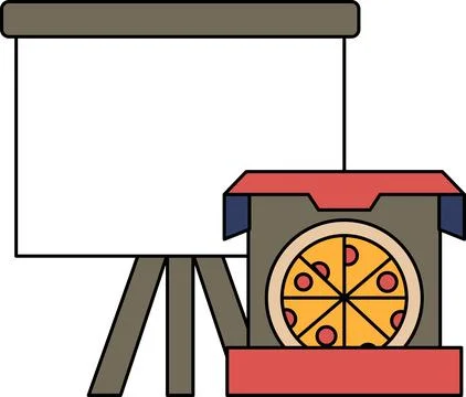 A white box with a pizza inside and a projector screen behind it Stock Illustration