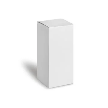 White box product tall shape packaging in front view isolated on white back.. Stock Photos