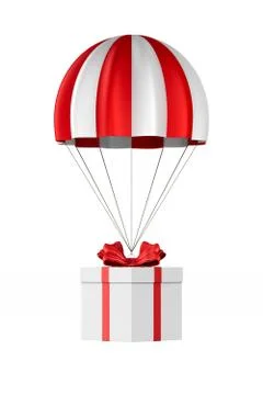 White box with red bow and parachute on white background. Isolated 3D illustr Stock Illustration