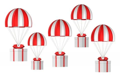 White box with red bow and parachute on white background. Isolated 3D illustr Stock Illustration