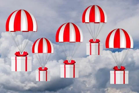 White box with red bow and parachute on sky background. 3D illustration Stock Illustration