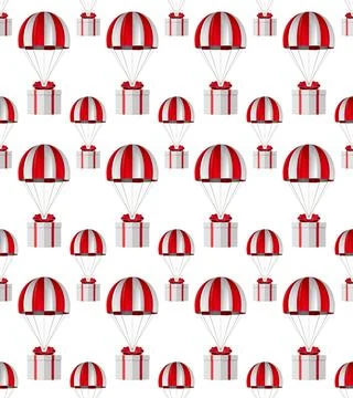 White box with red bow and parachute on white background. Seamless texture. I Illustrazione stock