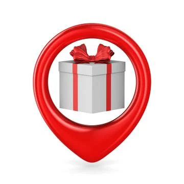 White box with red bow into pointer on white background. Isolated 3D illustra Illustrazione stock