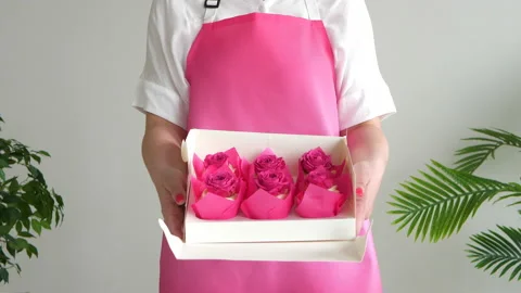 White box with set of cupcakes in hands of woman Stock Footage 152649485