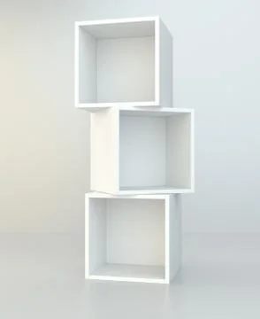 White box shelves. 3d rendering on background room wall and floor reflection. Illustrazione stock