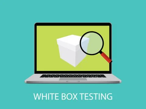 White box testing concept with laptop notebook and magnifying glass vector Stock Illustration