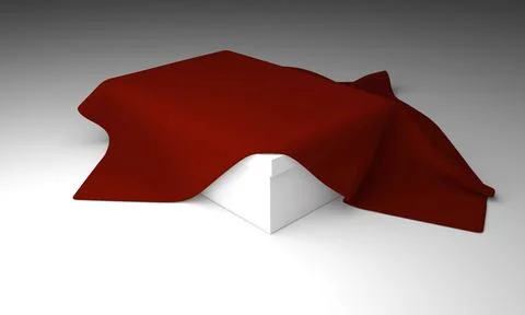 White box under a red cloth on a white table, 3d render Illustrazione stock