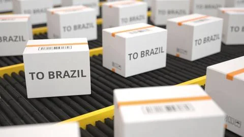 White boxes on conveyor. 3D Stock Illustration