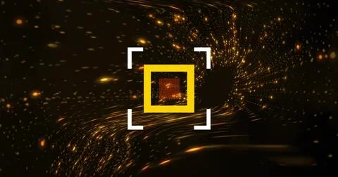 White bracket enclosing yellow square floating in vortex with golden particles Stock Photos