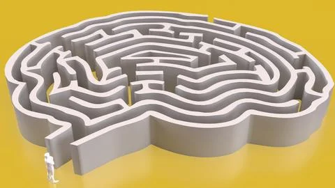 The White Brain maze on Yellow  background  for sci or creative concept 3d .. 스톡 일러스트