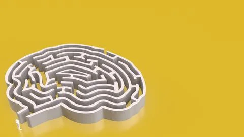 The White Brain maze on Yellow  background  for sci or creative concept 3d .. 스톡 사진