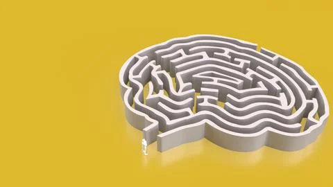 The White Brain maze on Yellow  background  for sci or creative concept 3d .. 스톡 사진