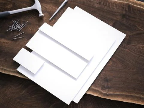 White branding mockup with hammer. 3d rendering Stock Photos